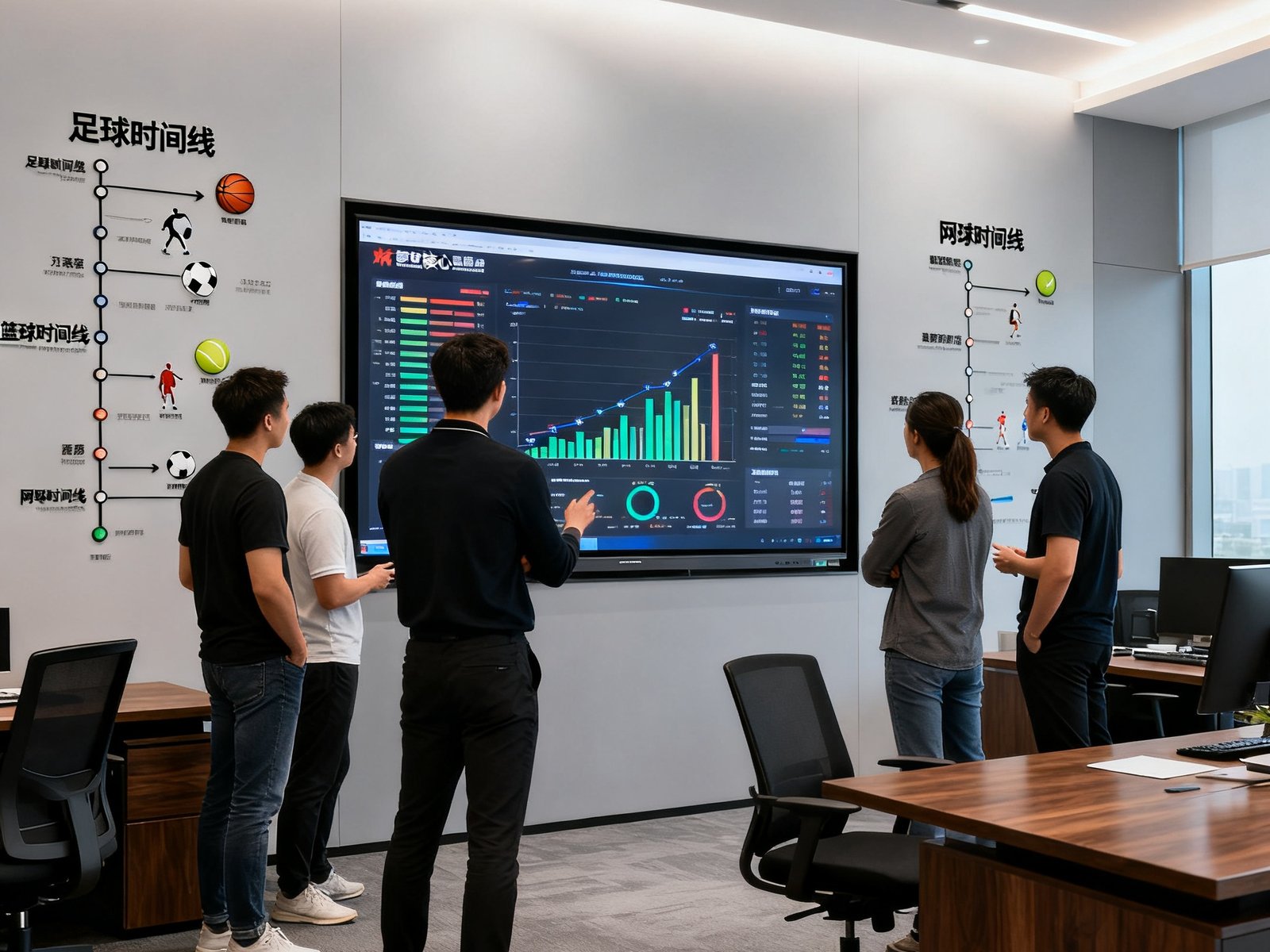 MK体育核心团队成员在现代化办公室围绕大型屏幕讨论体育数据分析方案，墙上挂有各体育项目时间线图表